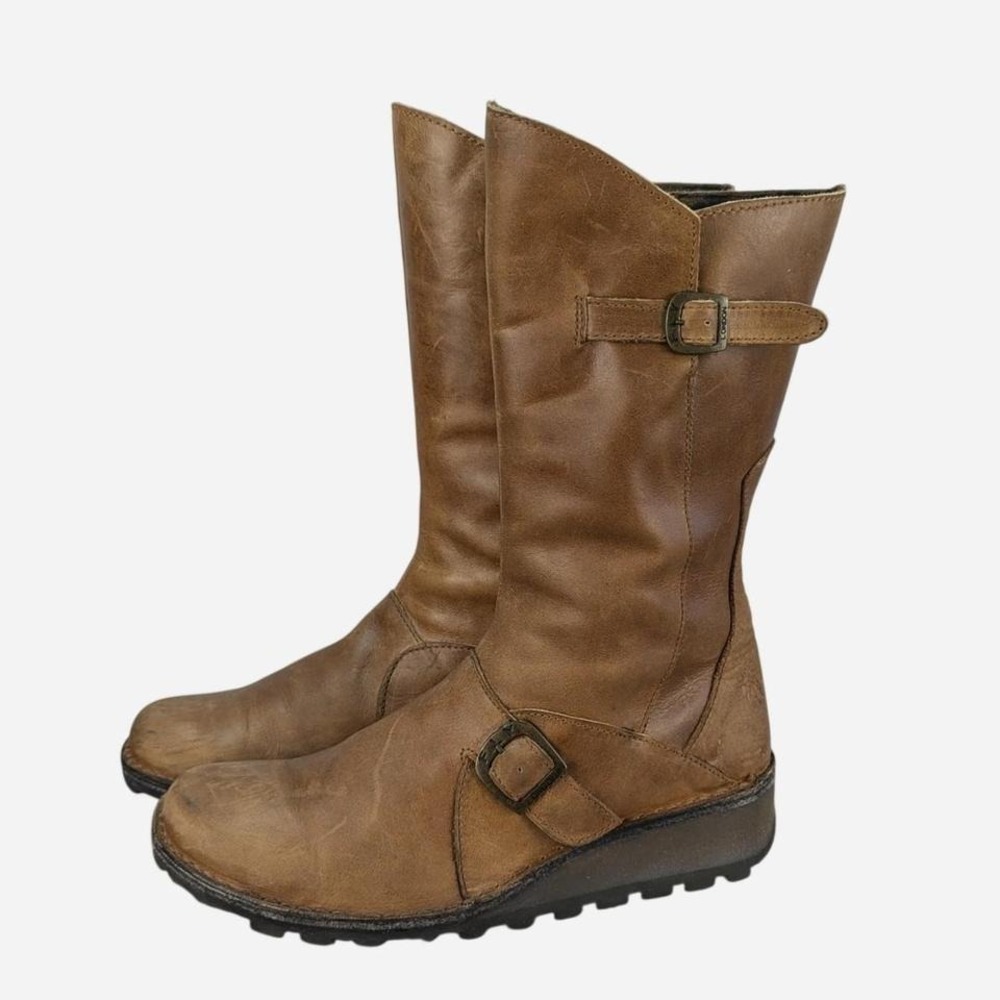 Fly London Mes 210315 Camel Leather Mid Calf Buckle Boot EU 41 / US 10-10.5 - Picture 2 of 8